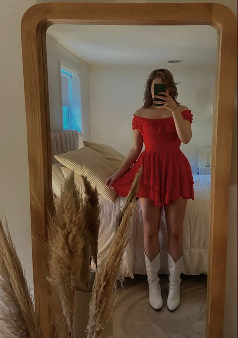 Mirror selfie outfit ootd Off The Shoulder Dress With Cowboy Boots, Red Mini Dress With Cowboy Boots, Red Dress With White Boots, Red Cowgirl Dress, Red Dress And Cowboy Boots, Red Concert Dress, Red Cowboy Boots White Dress, Red Dress Cowgirl Boots, Red Dress White Cowboy Boots