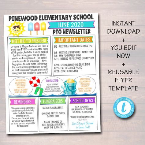 Pta Organization, Pta Newsletter, School Fundraising Events, Printable Organizer, Agenda Printable, Newsletter Template Free, Agenda Organization, Meeting Agenda, Newsletter Template