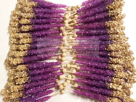 EXPRESS shipping strongly recommended for summer hot weather shipping for Chocolate treats (not needed for Rock Candy). Thank you! Elegant & delicious Purple Gold themed Rock candy with pretty gold finish! Great for a purple gold bridal shower, baby shower, Purple Gold wedding favors, dessert table treats, a girly purple & gold themed birthday, baby shower or bridal shower party or for a beautiful Purple & Gold Wedding dessert table or favors!  You will receive 1 dozen (12) decadent Rock Candy s Pink Purple Party Theme, Sweet 16 Party Ideas Lavender And Gold, Gold And Violet Wedding, Black White Gold Purple Party, Purple And Gold Dress Short, Purple And Gold Gender Reveal, Dessert Table Ideas Purple, Purple Treats For Party, Crystals Theme Party