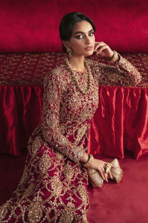 ROOP - KANWAL MALIK Organza Outfit, Kanwal Malik, Red Long Dress, Shirt Packaging, Heavy Dresses, Pants Korean, Red Tone, Long Red Dress, Engagement Outfits