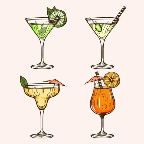 Hand drawn cocktail collection Free Vect... | Free Vector #Freepik #freevector #hand #hand-drawn #glass #cocktail Glass Illustration Drawing, Cartoon Cocktails Illustrations, Cocktail Glasses Drawing, Cartoon Cocktails, Cocktail Drawing Simple, Cocktail Glass Drawing, Cocktail Glass Illustration, Cocktail Glass Tattoo, Cocktail Cartoon