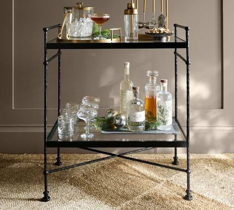 Dining Room Furniture | Pottery Barn Coffee Bar Cart, Apartment Bar, Brass Bar Cart, Modern Bar Cart, Metal Bar Cart, Dream Dining Room, Man Bars, Bar Cart Styling, Construction Crafts