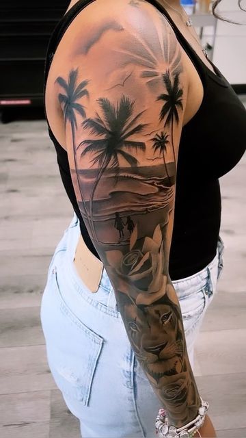 Ocean Theme Tattoos, Ocean Sleeve Tattoos, Beachy Tattoos, Side Hip Tattoos, Tree Sleeve Tattoo, Taking Appointments, Arm Sleeve Tattoos For Women, Sunset Tattoos, Cross Tattoos For Women