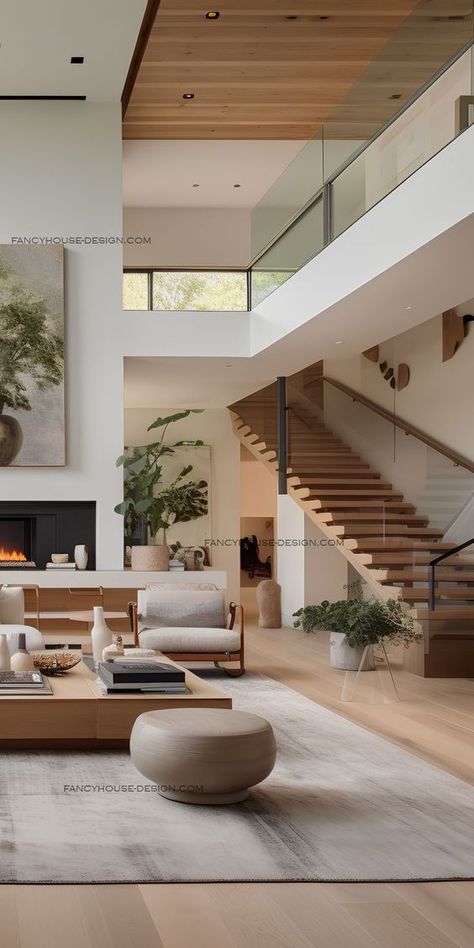 Modern living room in Los Angeles, blending white walls with sustainable cork flooring. Chic living room design in Los Angeles using biodegradable fabrics against a backdrop of white walls. Chic Living Room Design, American Interior, Cork Flooring, Modern Beach House, Modern Staircase, Chic Living Room, Chic Living, Dream House Interior, Living Room Design