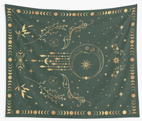 Sky Of Stars, Sage Green And Gold, Tie Dye Tapestry, Tapestry Design, Moon Phases, Textile Prints, Crescent Moon, Green And Gold, Sage Green