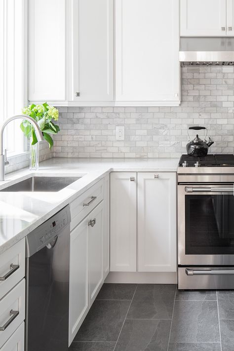 Holliston Massachusetts, Grey Backsplash Kitchen, Backsplash Ideas For White Cabinets, Backsplash Marble, Backsplash Kitchen White Cabinets, Backsplash For White Cabinets, Small White Kitchens, Grey Kitchen Floor, Slate Floor