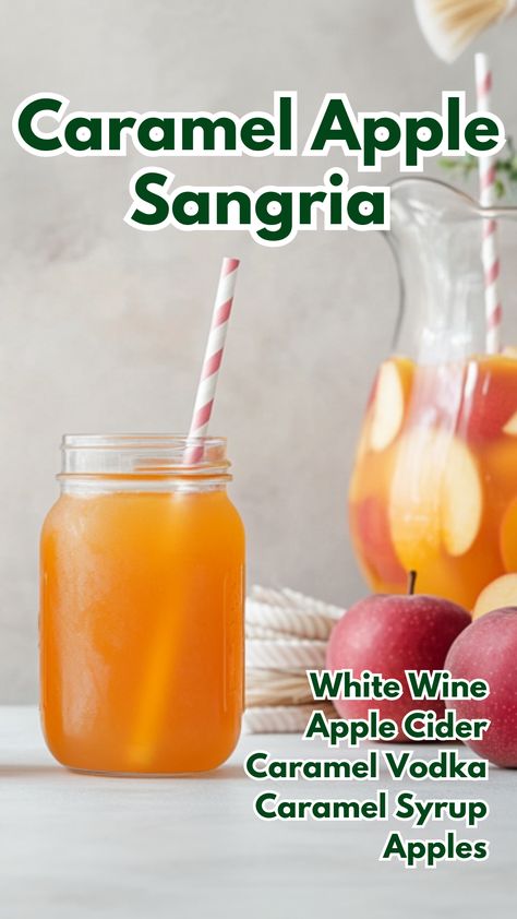 The Caramel Apple Sangria is a sweet and festive fall drink that combines the crisp flavors of fresh apple cider with white wine and a touch of caramel vodka. Enhanced with chopped apples and drizzled with caramel syrup, this sangria is perfect for autumn gatherings and offers a deliciously decadent twist on a seasonal classic.  #caramelapplesangria #fallwinecocktails #fallcocktails via @mybartender Caramel Apple Cider Sangria, Caramel Apple Sangria Recipes, Drinks With Caramel Vodka, Apple Drinks Alcohol, Sangria Vodka Recipe, Vodka Caramel, Vodka Sangria, Apple Cocktails, Apple Sangria Recipes