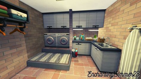 This platform laundry room is on my gallery! Gallery ID: MrsDugger123 Sims 4 Utility Room, Sims 4 Laundry Room Ideas No Cc, Sims 4 Laundry Room Ideas, Sims 4 Laundry Room, Room Pinterest, Sims 4 No Cc, Laundry Room Ideas, Sims 4 House Design, Sims Four