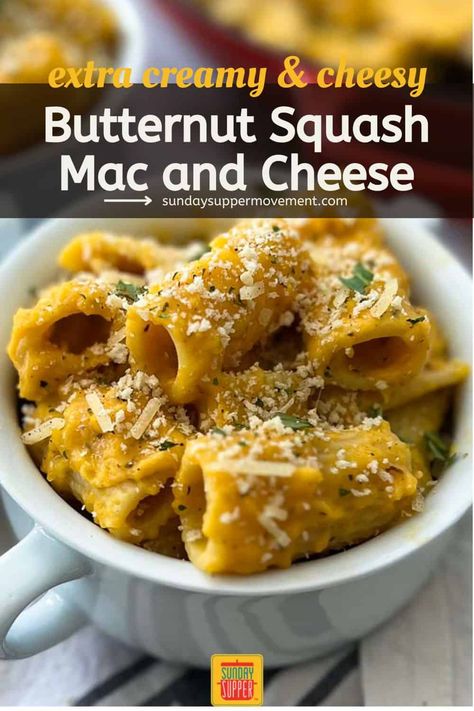 Butternut Squash Mac and Cheese is an extra creamy mac and cheese with incredible flavor that will remind you of the Trader Joe's recipe everyone loves! via @thesundaysupper Butternut Squash Mac And Cheese Recipe, Creamy Mac And Cheese Recipe, Butternut Squash Mac Cheese, Butternut Squash Macaroni, Squash Pasta Recipe, Mac And Cheese Healthy, Squash Mac And Cheese, Butternut Recipes, Butternut Squash Mac