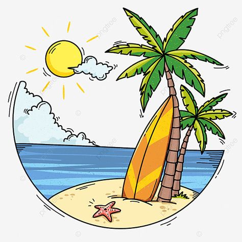 Summer Theme Drawing Ideas, Tropical Drawing Beach, Small Beach Drawings, Cool Summer Drawings, Fun Summer Drawings, Summer Related Drawing, Summer Drawing Designs, Summer Cartoon Art, Cartoon Palm Tree Drawing