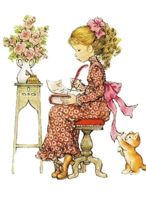 Sarah Kay writing a letter with a playing kitten Sarah Key, Sara Kay, Kitten Playing, Writing A Letter, Sarah Kay, Kittens Playing, Holly Hobbie, Illustration Vintage, Girls Illustration