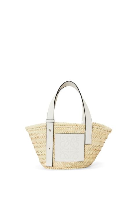 Small Basket bag in palm leaf and calfskin Natural/White - LOEWE Traditional Baskets, Loewe Anagram, Traditional Market, Small Basket, White Tote, Basket Bag, Market Bag, Palm Leaf, Palm Leaves