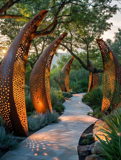 Integrating Sculptural Elements into Modern Garden Design • 333+ Art Images Garden Path Entrance, Swirl Landscape Design, Outdoor Shed Decor, Garden Metal Art, Decorative Pathways, River Landscape Design, Entrance Garden Ideas, Sculpture Garden Landscape, Nature Inspired Architecture