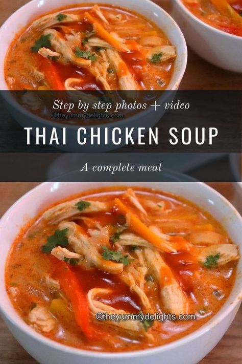 Close-up of thai chicken soup served in a white bowl. Tai Food Recipes, Chicken Coconut Milk, Curry Chicken Soup, Thai Red Curry Chicken, Thai Chicken Noodles, Healthy Chicken Soup, Soup With Coconut Milk, Asian Soup Recipes, Thai Chicken Soup