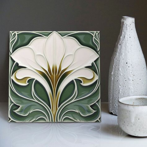 Calla Lily Green Floral Wall Decor Art Nouveau Ceramic Tile | Zazzle Arte Art Deco, Lily Blue, Art Deco Tiles, Tulips Art, Art Nouveau Tiles, Art Deco Floral, Vintage Tile, Art Nouveau Design, Floral Wall Decor