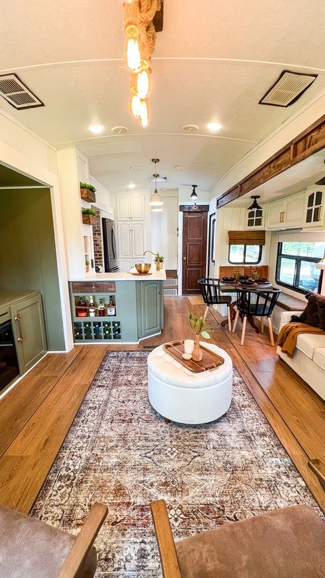 Camper Turned Into Tiny House, Live In Trailer, Camper To Tiny House Conversion, Renovated Fifth Wheel Camper, Mountain Tiny House, Caravan House, Antique Sink, Fifth Wheel Living, Rv Interior Design