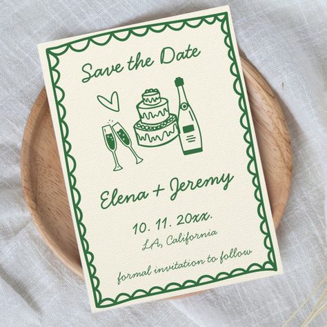 Hand Illustrated Vintage Colorful Green Wedding Save The Date Modern Garden Wedding Invitations, Green Wedding Save The Date, Hand Drawn Wedding, Fun Wedding Invitations, Invitation Inspiration, Save The Date Card, Whimsical Wedding, Wedding Mood Board, Wedding Save The Date