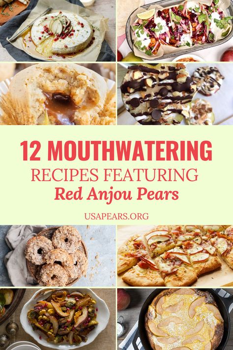 Have you ever tried red anjou pears in the kitchen? We share 12 creative ways to use pears, specifically the red anjou pears! You'll find unique recipes such as pear tacos, baked brie with pears, pear muffins, pear breads, and more. These recipes are a great way to use ripe pears and discover new dinner recipes, breakfast ideas, and more. Be sure to try out these pear desserts such as yogurt popsicles and crumb donuts. Save this pin to try these pear recipes now! Anjou Pear Recipes, Brie With Pears, New Dinner Recipes, Tacos Baked, Pear Desserts, Pear Dessert Recipes, Ginger Muffins, Pear Bread, Pear Muffins