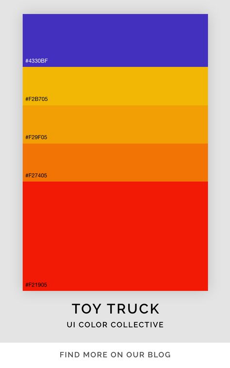 A blue, yellow and red colour scheme captured from a toy truck Brand Colour Schemes, Ui Color, Color Palate, Car Colors, Toy Trucks, Colour Scheme, Package Design, Ravioli, Brand Colors