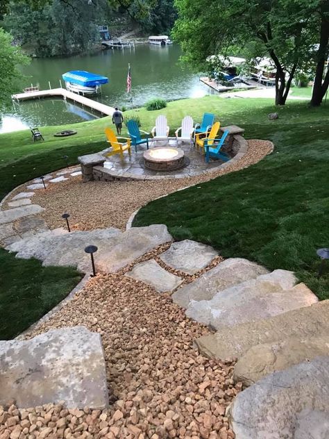 Fire Pit Ideas Backyard Hillside, Lake House Landscaping Ideas Backyard, Hardscape Ideas Backyard Slope, Lake Cottage Landscape Ideas, Path To Lake Ideas, Steep Lakeside Landscaping, Lake Property Landscaping, Lake Backyard Landscaping, Lakehouse Backyard Landscaping