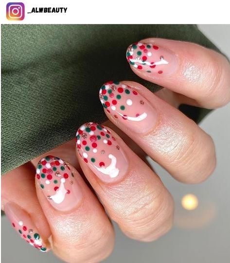 Red And Green Polka Dot Nails, Dot Christmas Tree Nails, Polka Dot Tip Nails, Pokadot Nails Christmas, Christmas Dot Nails, Christmas Accent Nails, Polka Dot Fall Nails, Short Nail Art Christmas, Christmas Nails Polka Dots