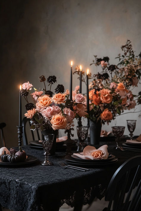 Set the perfect Halloween dinner with black lace tablecloths, gothic candle holders, and eerie centerpieces. Your guests will love this spooky chic vibe! Spooky Elegant Dinner Party, Halloween Candleopera, Gothic Chic Halloween Decor, Gothic Lantern Centerpieces, Modern Halloween Party Decor, Spooky Housewarming Party, Fancy Diner Aesthetic, Halloween Candle Centerpieces, Elegant Halloween Birthday Party