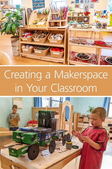 Incorporating a makerspace into your learning environment does not necessarily mean you need a large budget. Two educators explain the why and how. Reggio Emilia Preschool, Early Learning Environments, Preschool Designs, Preschool Classroom Decor, Early Childhood Classrooms, Reggio Inspired, Preschool Songs, Classroom Environment, Classroom Setup