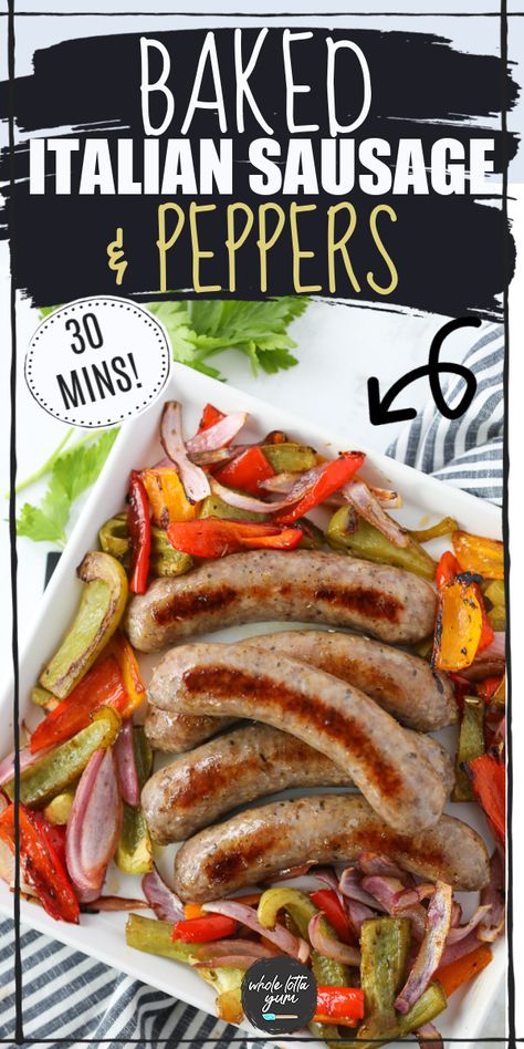 Easy baked Italian sausage and peppers on a sheet pan makes for a quick healthy dinner that's also keto, low carb, gluten free, and whole30. Baked Italian Sausage And Peppers, Italian Sausage In Oven, Dinner Ideas Weeknight, Sweet Italian Sausage Recipes, Baked Italian Sausage, Italian Sausage And Peppers, Keto Italian, Sausage Peppers And Onions, Rich Recipes