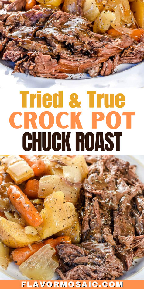 The whole family will love this Tried & True Crock Pot Chuck Roast Recipe. The entire dinner cooks together in the slow cooker so you can simply load all the ingredients into your Crock Pot in the morning and have a hot meal ready for you at the end of the day, with only one thing to wash up! With roasted potatoes, carrots, and onions, is so juicy, tender, and flavorful, no one would ever believe how easy it is to make dinner in the slow cooker! Roasted Potatoes Carrots And Onions, Chuck Roast Crock Pot Recipes, Beef Roast Recipe, Crock Pot Chuck Roast, Roast Beef Crock Pot Recipes, Roasted Potatoes Carrots, Crockpot Pot Roast, Crockpot Roast Recipes, Pot Roast Crock Pot Recipes