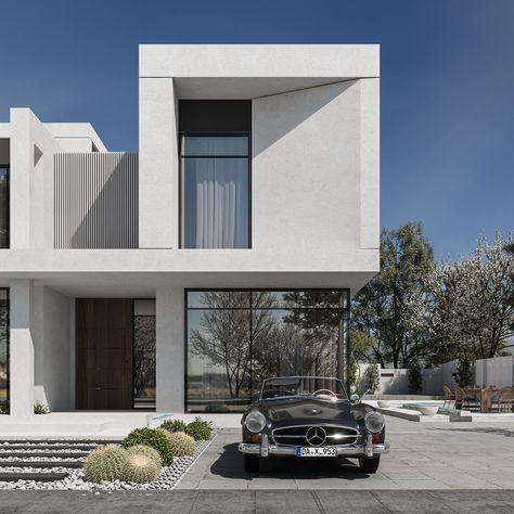 EXTERIOR VILLA on Behance Side Facade Design, Modern Exterior House Designs Small, Small Villa Exterior Design, Small Villa Exterior, White Villa Exterior, Minimalist Villa Exterior, Villa Modern Exterior, Modern Villa Design Exterior, Minimalist Exterior House Design