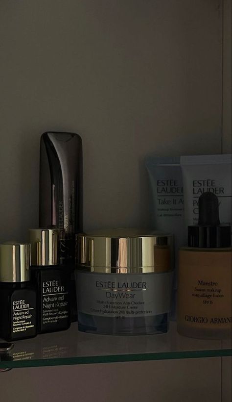 Estee Lauder Skincare Aesthetic, Estee Lauder Aesthetic, Estee Lauder Skin Care, Beauty Shelf, Chanel Cosmetics, Classy Makeup, Insta Photos, Dark Green Aesthetic, Luxury Cosmetics