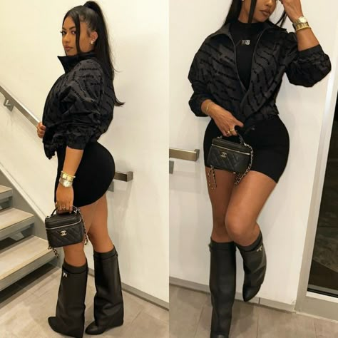 All Black Date Night Outfit Winter, Shark Lock Boots Outfit Baddie, Foldover Boots Outfit Black Women, Shark Boots Outfit Black Women Winter, Givenchy Shark Boots Outfit Black Women, New Years Outfit Ideas Black Women, Black Boots Outfit Black Women, Alexander Wang Outfit Black Women, Fly Birthday Outfits Winter