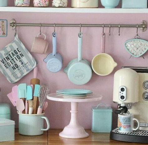 . Bakery Themed Kitchen, Pastel Kitchen Appliances, 50s Bakery, Pastel Kitchenware, Kitchen Utensils Aesthetic, Utensils Aesthetic, Cute Kitchen Utensils, Baking Pantry, Baking Station