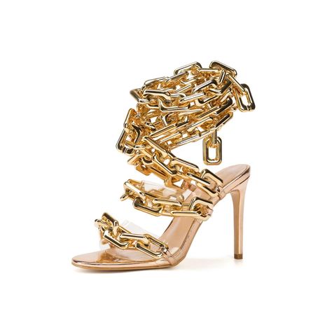 PRICES MAY VARY. ⚡AFTER SALE SERVICE️⚡: If you have any concern or confusion ,please contact us directly,we will solve your problem ASAP ⚡️MATERIAL⚡️: We select high quality chain and soft pvc in order to make better tactile impression ⚡️DESIGN⚡: The shoe name is "Gold Chain"; This heeled sandal use high grade gold shinny chain, embellish your leg shinny; Feels like walking on the gold boulevard Shoes Names, Ankle Sandals, Funky Shoes, Strappy Stilettos, Gold Link Chain, Gold Link, Gold Shoes, Heeled Sandal, Stiletto Sandals