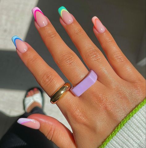 Multi color nails  nails French tip nails multi color acrylic nail art Color French Tip Nails, Color French Tip, Uñas Ideas, Bday Nails, Easy Nails, French Tip Acrylic Nails, Simple Acrylic Nails, Cute Gel Nails, Tip Nails