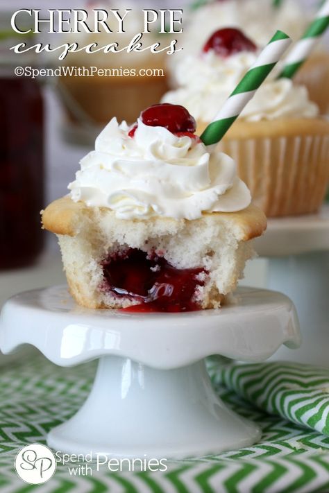 Cherry Pie Cupcakes are ridiculously delicious, soft and fluffy with a cherry pie surprise inside...  these can be served warm out of the oven with a scoop of ice cream for a dessert your family is definitely not going to want to miss! Cherry Pie Cupcakes, Delicious Cupcakes Recipes, Cake Mix Ingredients, Favorite Pie Recipes, Scoop Of Ice Cream, Pie Cupcakes, Spend With Pennies, Cherry Recipes, Easy Cupcakes