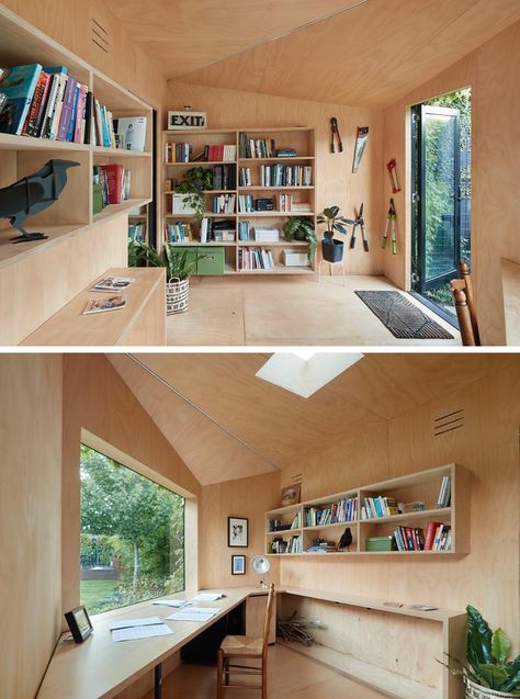 A small backyard home office has plywood walls, shelving, and a large desk. Stanley Ideas, Man Cave Inspiration, Home Office Shed, Shed Homes Ideas, Small Garden Office, Cabin Office, Boston Ivy, Office Shed, Shed Office