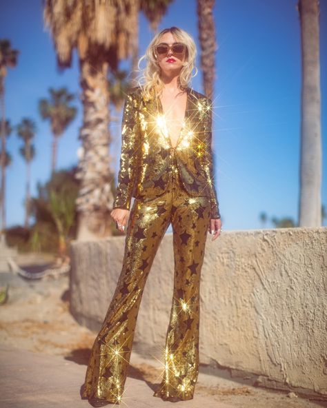 Want this half price and much more!? Dm for code to save you fifty percent! Or go online to our website Anyoldiron.us #nashvillefashion #sequinfashion accept no imitations. Finishes Sunday ( trying not to use the S word to beat the algo!) Shiny Suit For Women, Retro Glitter Outfit, 80s Miami Fashion, All Gold Outfit, Pop Star Outfit, Fitted Flare Pants, Disco Suit, Metallic Suit, Star Suit