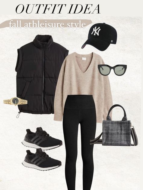 Classy Laid Back Style, Activewear Fall Outfits, Athleisure Capsule Wardrobe Winter, Outfits For Running Errands Winter, Athleisure Vest Outfits, Athletileisure Outfits Women, Puffer Vest Outfit Inspiration, Black Vest And Leggings Outfit, Neutral Outfit Ideas Casual Chic