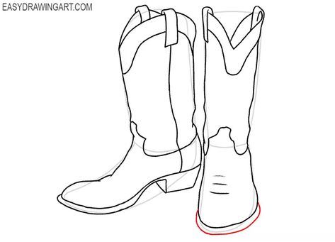 How to Draw Cowboy Boots - Easy Drawing Art Cowboy Boot Drawing Reference, How To Draw Boots Side View, Cowboy Boots Sketch, How To Draw Cowboy Boots, Boots Reference Drawing, Cowgirl Boots Drawing, Cowboy Boots Drawing, Western Drawings, Anatomy Tips