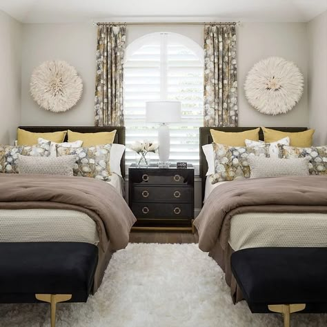 The must-haves in this guest bedroom were: * Comfort - we used full size beds over twins. * A space for opening luggage - the benches at the foot of the bed * A bit of storage - the small dresser in between the beds provide storage * Thoughtful design - we created a beautiful, custom space using great bedding, a restful color palette, a soft rug underfoot #headboard #draperypanel #upholestry #guestbedroom #bedroom #interiordesign #jujuhat #shutters Twin Beds Guest Room, Small Guest Bedroom, Houston Interior Designers, Calming Bedroom, Guest Bedroom Decor, Twin Bedroom, Spare Bedroom, St Helena, Guest Bedrooms