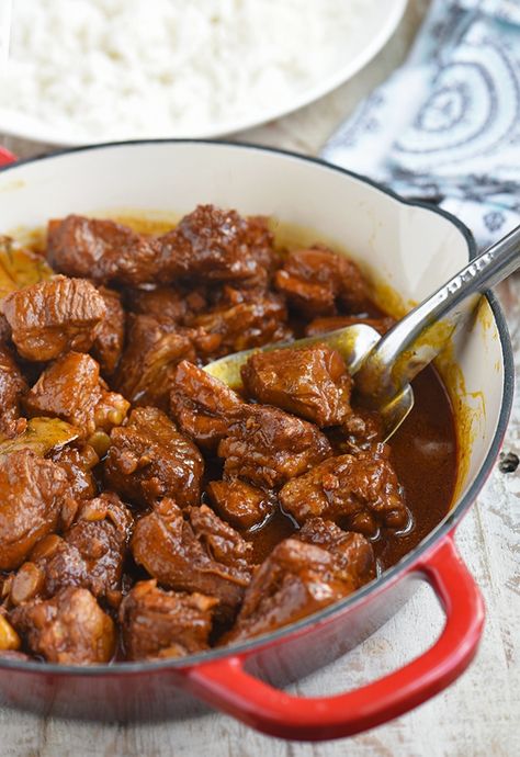 Pork Ribs Adobo with atsuete is another regional version of our classic Filipino stew. With added annatto powder and ginger, this Ilonggo Adobong Pula is boldly-flavored and perfect with steamed rice! Pork Rib Adobo Recipe Filipino, Pork Ribs Adobo Recipe Filipino, Ribs In Airfryer, Pork Adobo Recipe Filipino, Filipino Meals, Adobo Pork, Filipino Pork Adobo, Ribs Instant Pot, Pork Adobo Recipe