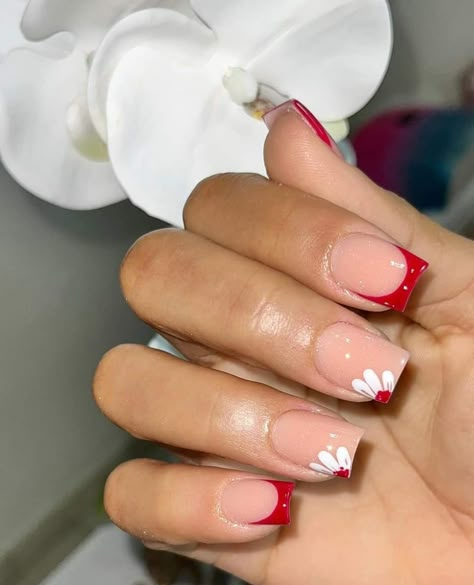 Red French Tips With Design, Red Nail Ideas Square, Gel Natural Nails Manicures, Red Nail Inspo Short, Short Red French Tip, Simple Square Nail Designs, Red Nail Designs Short, Short Red French Tip Nails, French Tip Short Nails