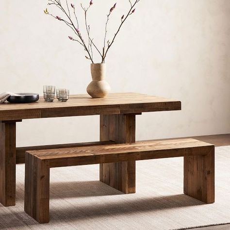 Modern Kitchen & Dining Benches | West Elm Dining Table With Bench And Chairs Ideas, Japandi Dining Table Decor, Dining Room Table Bench, West Elm Dining Table, Bench Dining Table, Dining Table Bench Seat, Dining Table Bench, Kitchen Table Bench, Wood Dining Bench