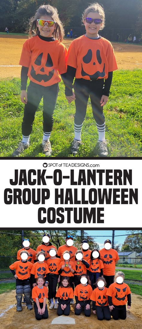 Jack-O-Lantern Group Halloween Costume - Spot of Tea Designs Halloween Soccer Tournament Costumes, Softball Costumes For Tournament, Baseball Team Halloween Costume Ideas, Team Halloween Costumes Softball, Halloween Softball Tournament Costumes, Softball Halloween Costumes, Softball Team Halloween Costume Ideas, Halloween Softball, Team Halloween Costumes