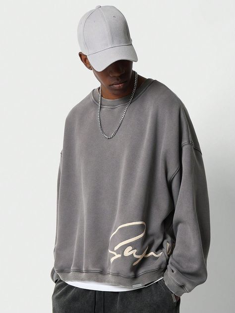 Oversized Fit Crew Neck Sweatshirt With Side Embroidery Grey Casual  Long Sleeve Knitted Fabric Plain Pullovers Slight Stretch  Men Clothing, size features are:Bust: ,Length: ,Sleeve Length: Crew Neck Sweatshirt Outfit, Oversized Outfit Men, Crewneck Sweatshirt Outfit, Oversized Sweatshirt Outfit, Oversized Hoodie Men, Baggy Clothing, Baggy Tops, Oversized Clothes, Men Sweatshirts