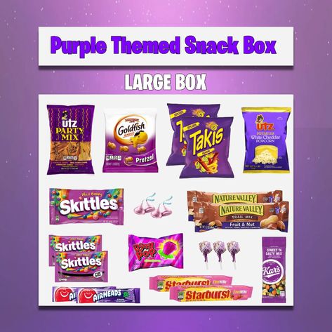 Purple Gift Box Purple Themed Snack Care Package Thinking | Etsy Purple Color Theme Party Basket, Purple Basket For Color Party, Color Party Ideas For Adults Purple Basket, Purple Packaged Snacks, Purple Gift Box Ideas For Him, Purple Color Party Basket, Color Party Basket Ideas Purple, Black Basket Ideas For Color Party, Pinking Of You Care Package