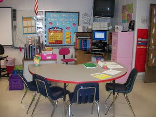 teacher desk with kidney table close by...The Box of Crayons Blog: Photos of the Old Classroom Teacher Kidney Table Desk, Teacher Desk And Small Group Table, Teacher Desk Area With Kidney Table, Kidney Table Classroom Setup, Kidney Table Teacher Desk, Small Group Table, Teacher Desk Areas, Old Classroom, Kidney Table