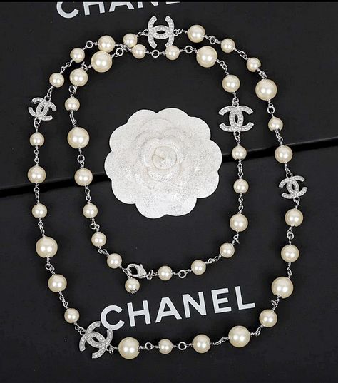 CHANEL+Classic+5+Crystal+CC+Pearl+Long+Necklace+Silver+Metal+Chain+NIB Chanel Necklace Pearl, Chanel Pearl Necklace, Long Necklace Silver, Chanel 5, Pearl Long Necklace, Chanel Pearl, Classic Chanel, Chanel Box, Chanel Necklace