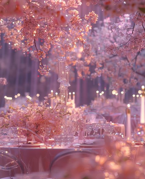 Crystalized Wedding Reception with Sakura Blossoms Sakura Wedding Theme, Wedding Pink Theme, Retro Wedding Reception, Light Pink Wedding Theme, Kpop Wedding, Aesthetic Light Pink, Cherry Blossom Aesthetic, Sakura Theme, Reception Interior